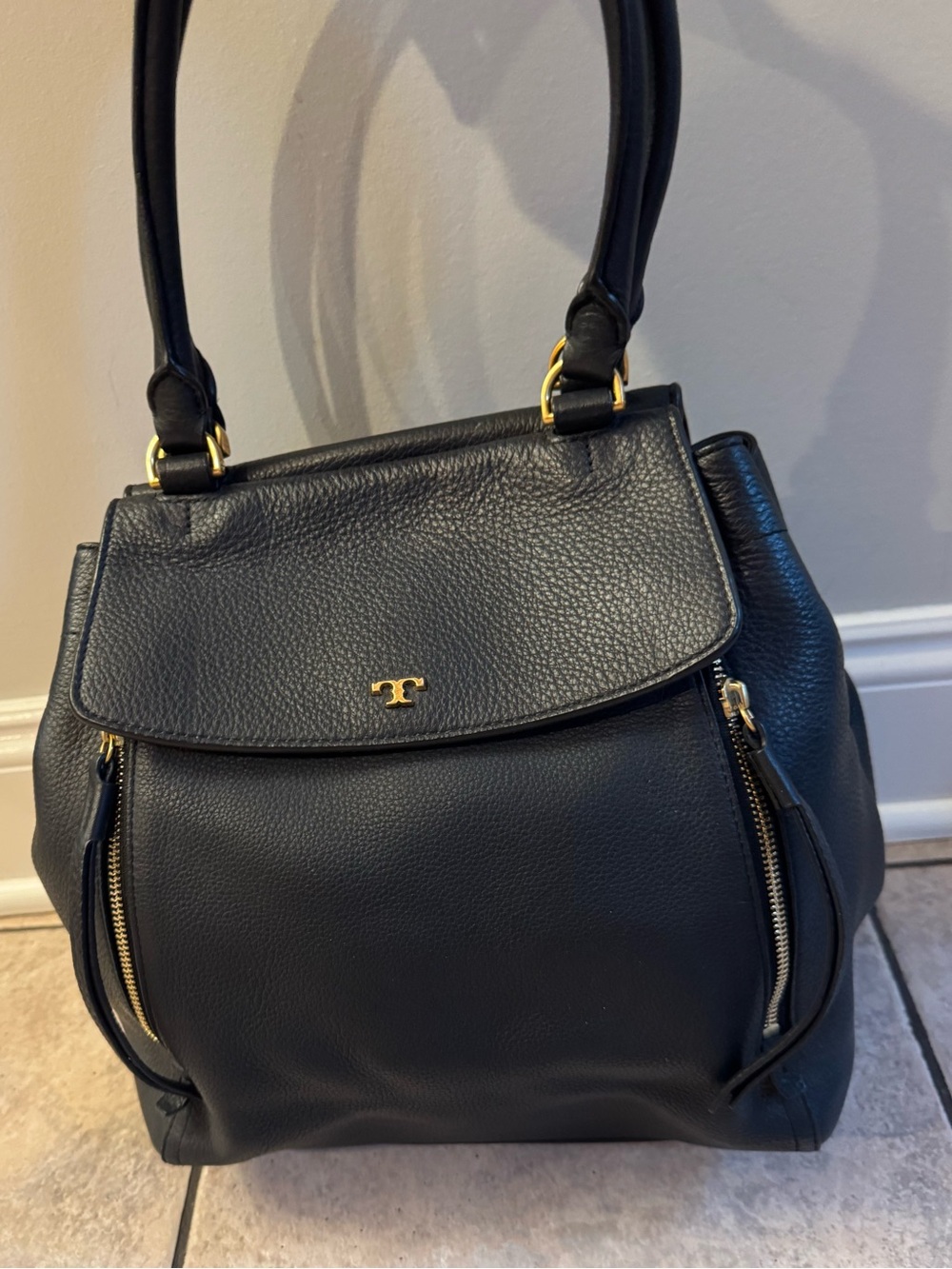 Tory Burch Black Pebbled Leather Half Moon Tote with Gold Hardware